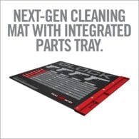 a red and black poster with the words next - gen cleaning mat with integrated parts tray