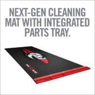 a red and black mat with the words next gen cleaning mat with integrated parts tray