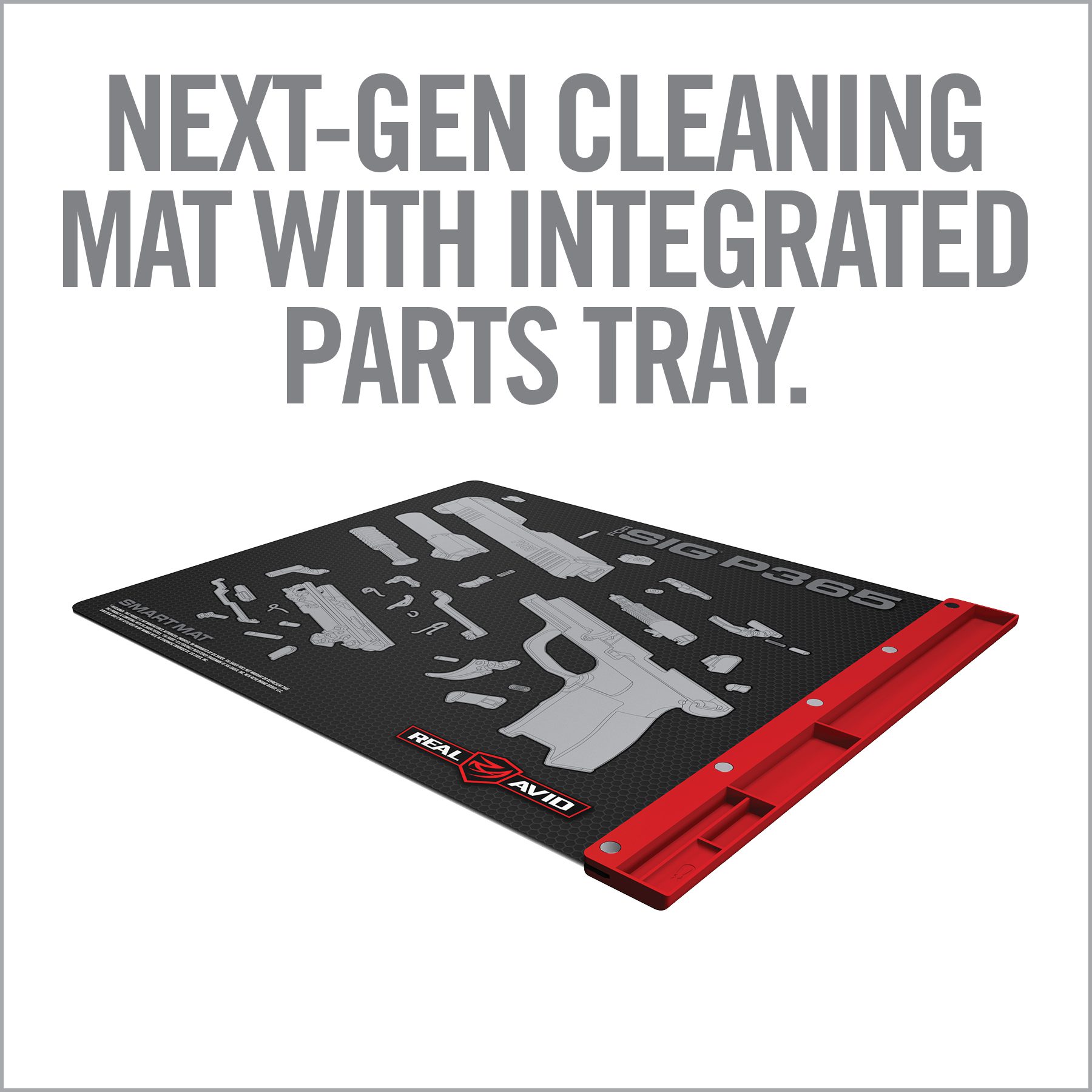 a poster with the words next gen cleaning mat with integrated parts tray