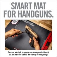 a person holding a gun with the words smart mat for handguns