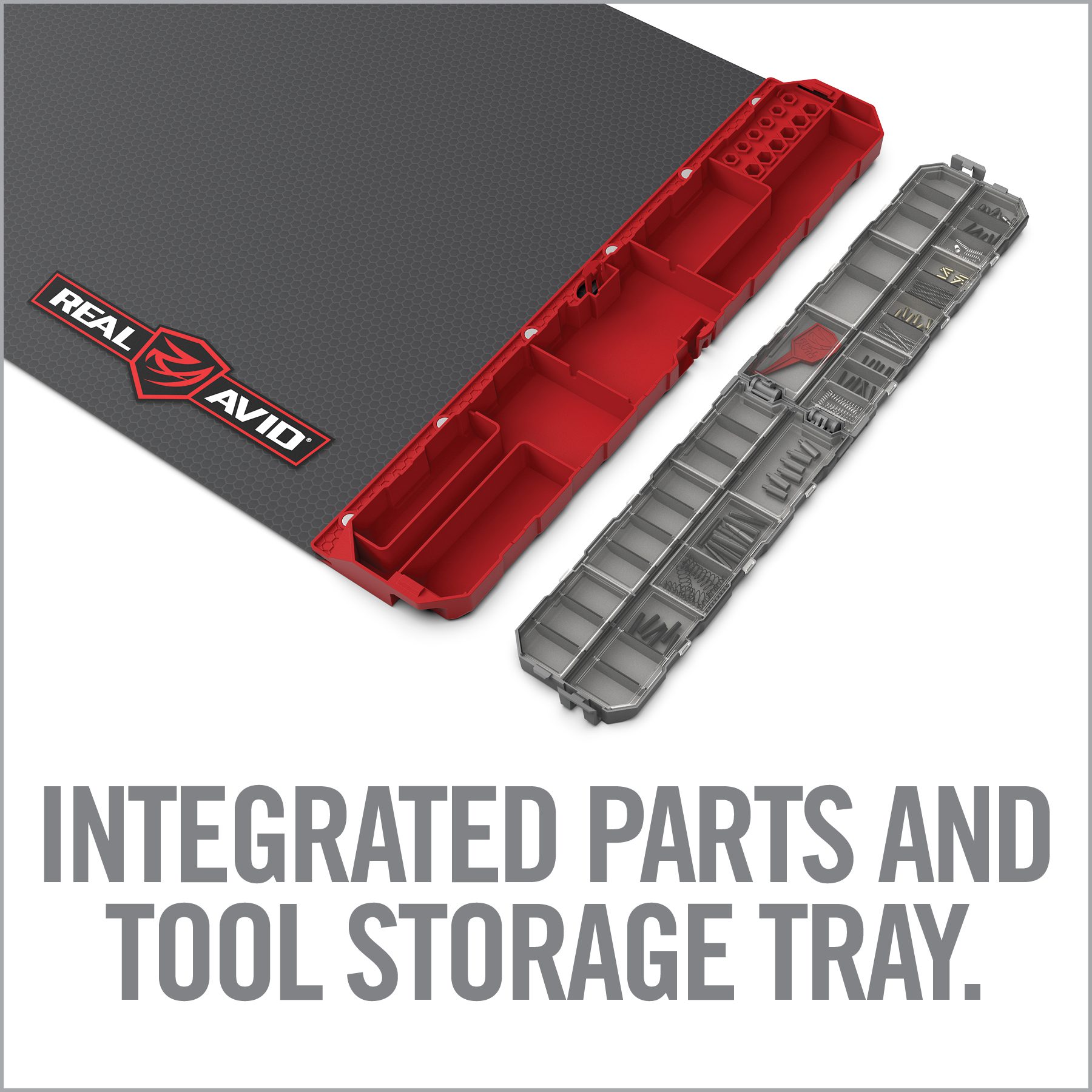 a red tool tray with the words, integrated parts and tool storage tray
