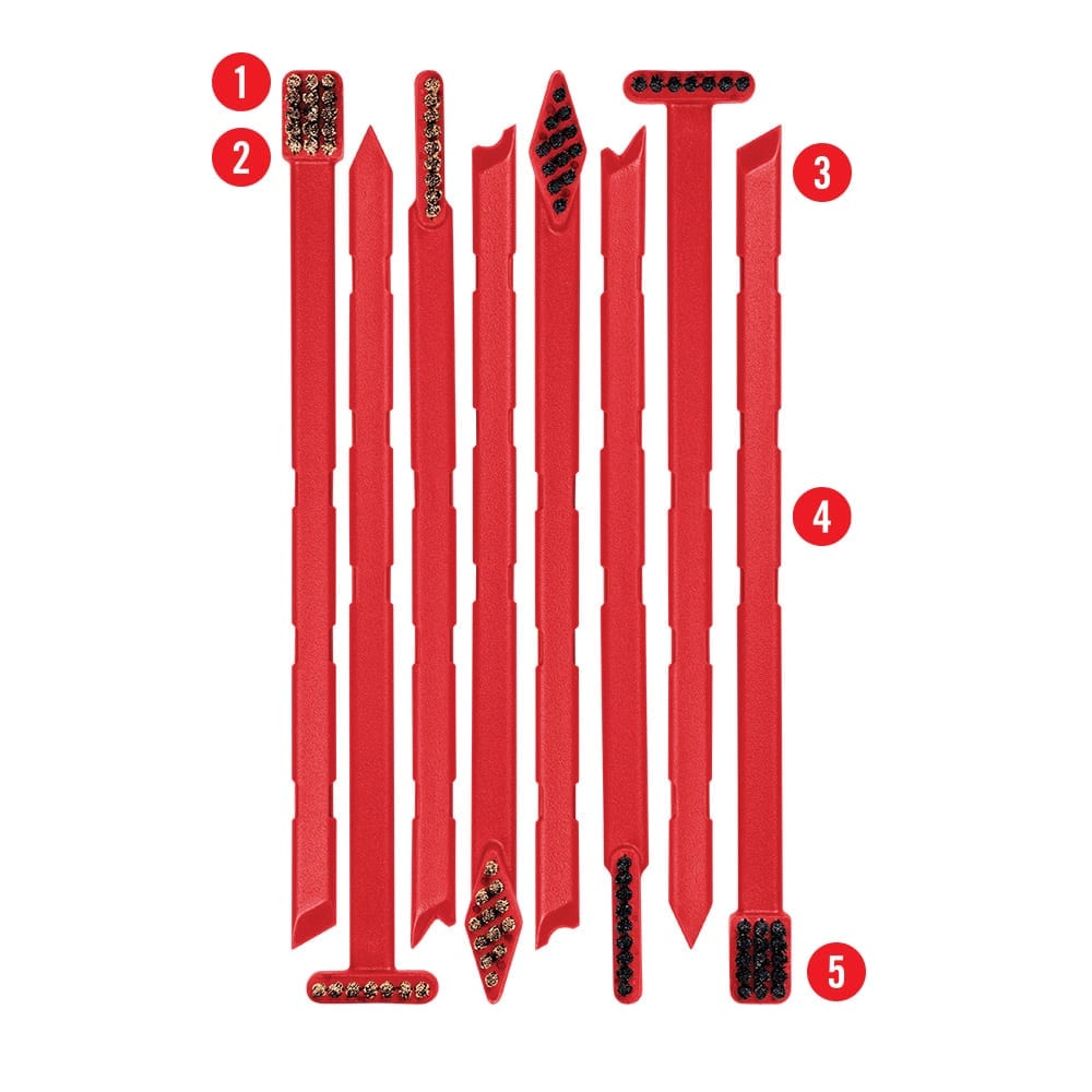 a set of red plastic tools with numbers on them