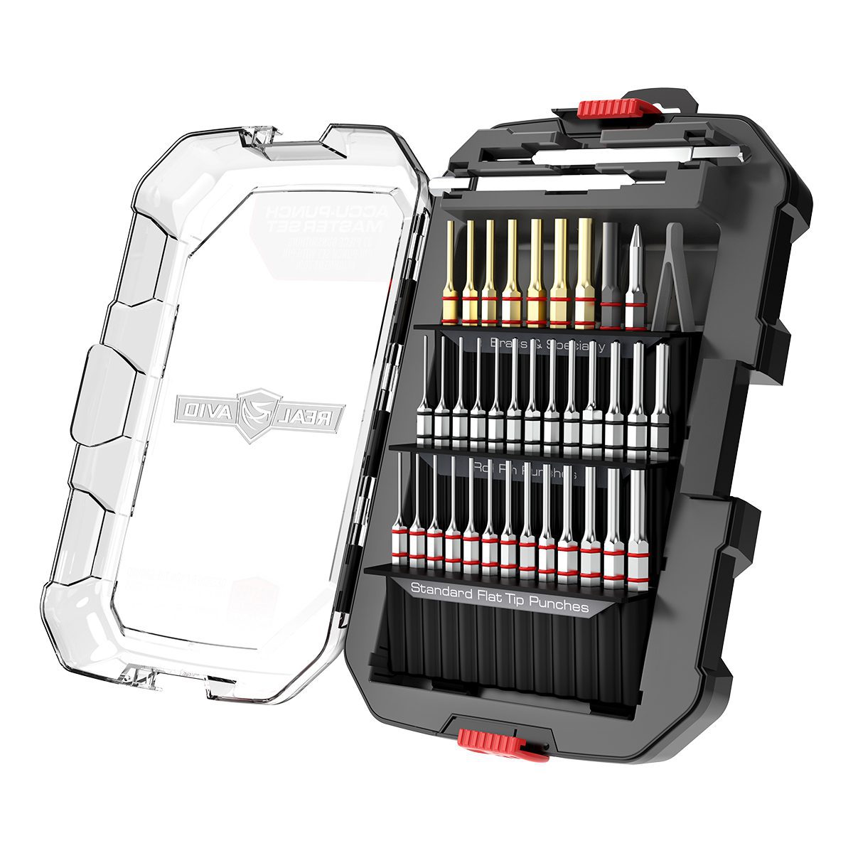 an open tool box filled with tools on top of a white background