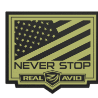 a green and black logo with the words never stop real avid
