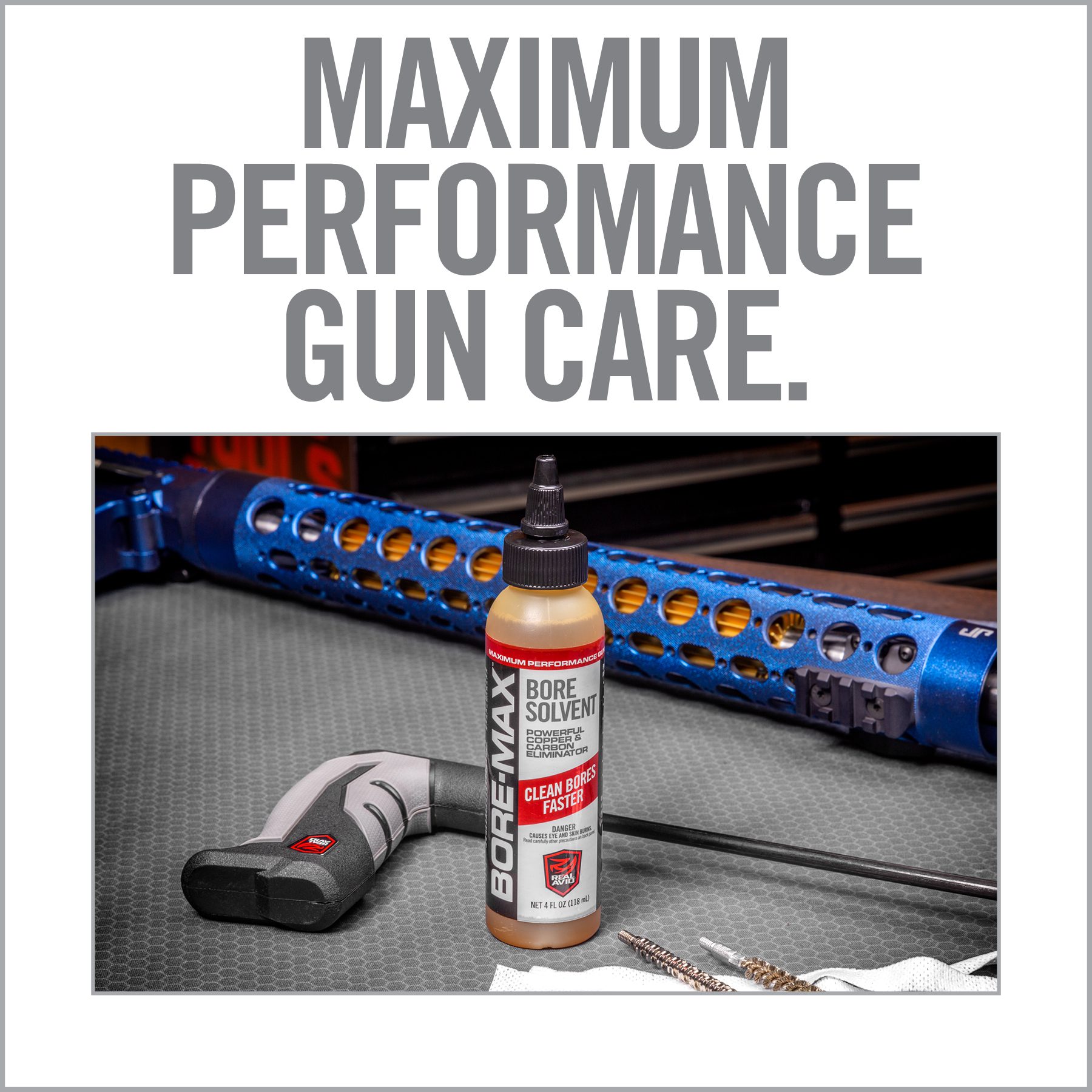 an ad for gun care with the words maximum performance gun care