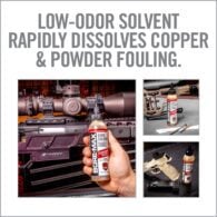 a hand holding a spray bottle with the words low - odor solver rapidly dissolves copper and powder