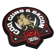 a black and red sticker with the words guns & bacon on it