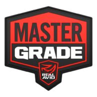 a red and black logo with the words master grade