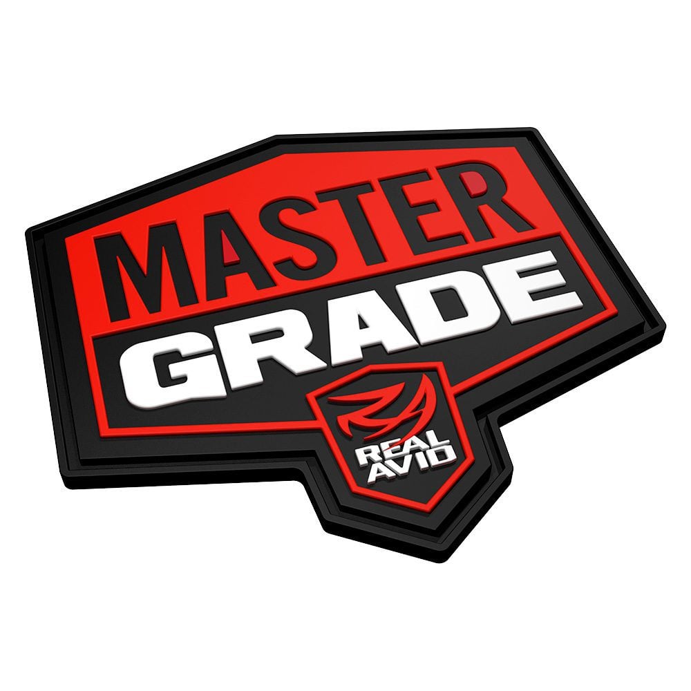 a red and black sticker that says master grade