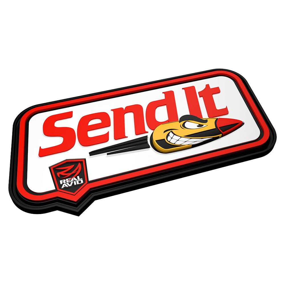 a red and white sign with the words sendit on it