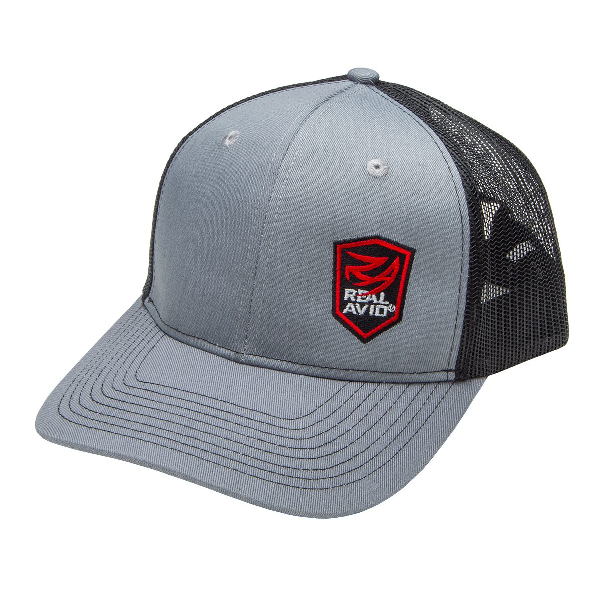 a gray and black trucker hat with the logo real avid