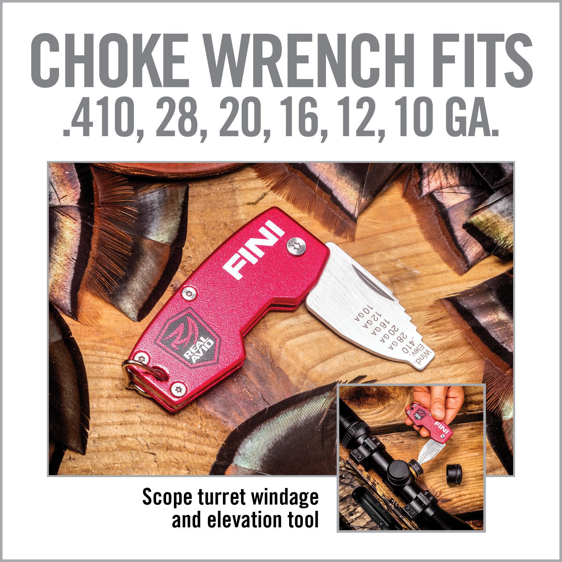 a red knife with the words choke wrench fits on it
