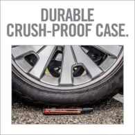 a car tire with the words, durable crush - proof case