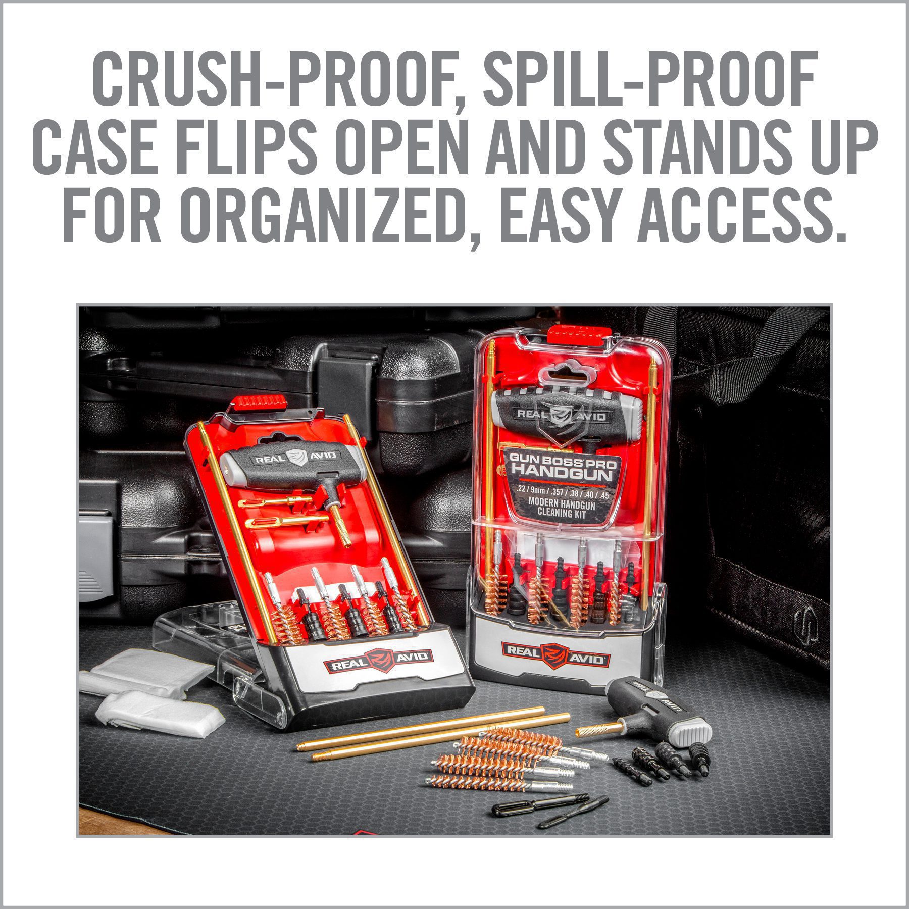 a box of tools with the words crush - proof spill - proof case tips open and stands up for