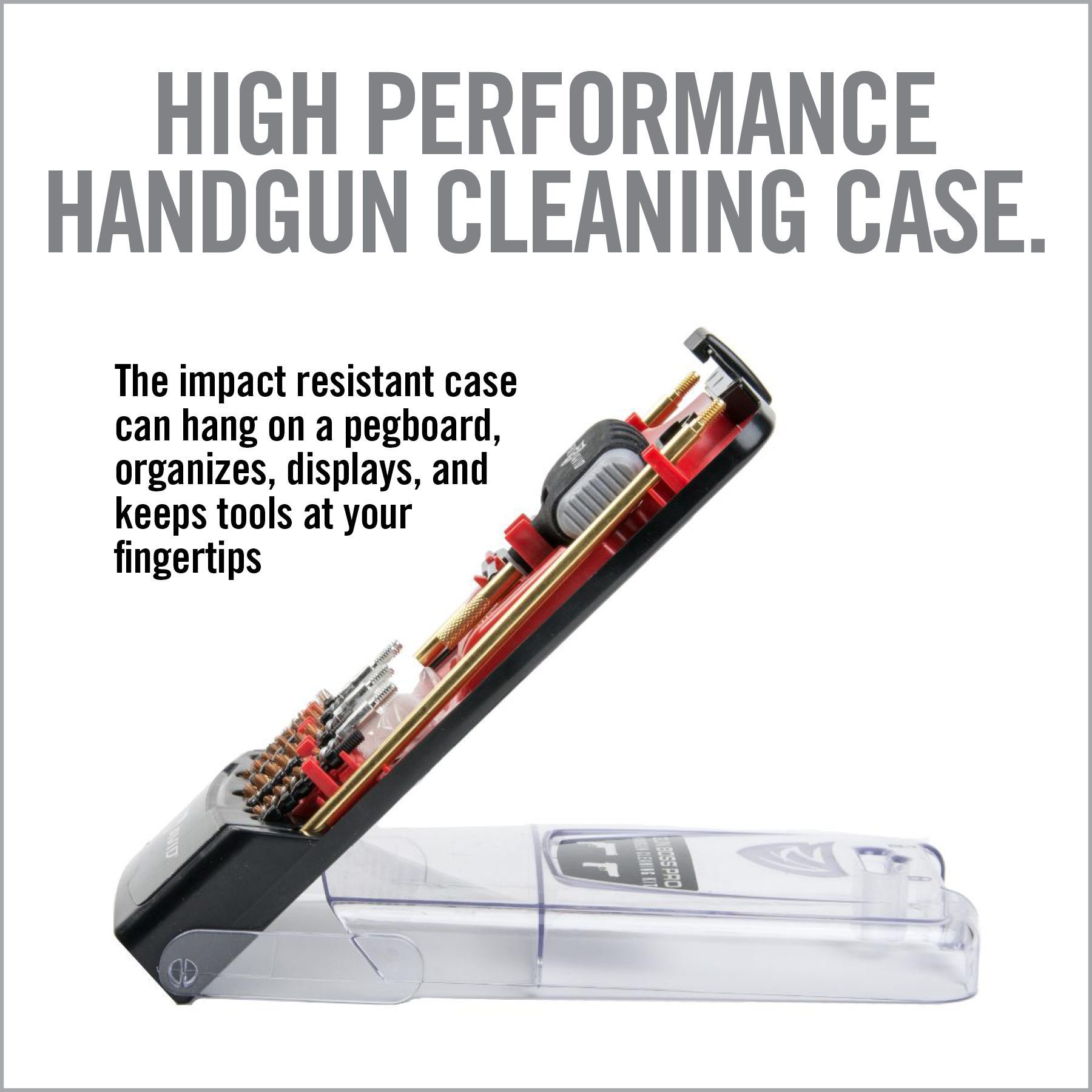 an advertisement for a high performance hand gun cleaning case