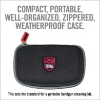 an advertisement with a red and black logo on it