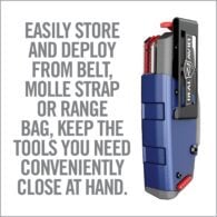 a blue and gray tool box with the words easy store and deploy from belt, molle strap or