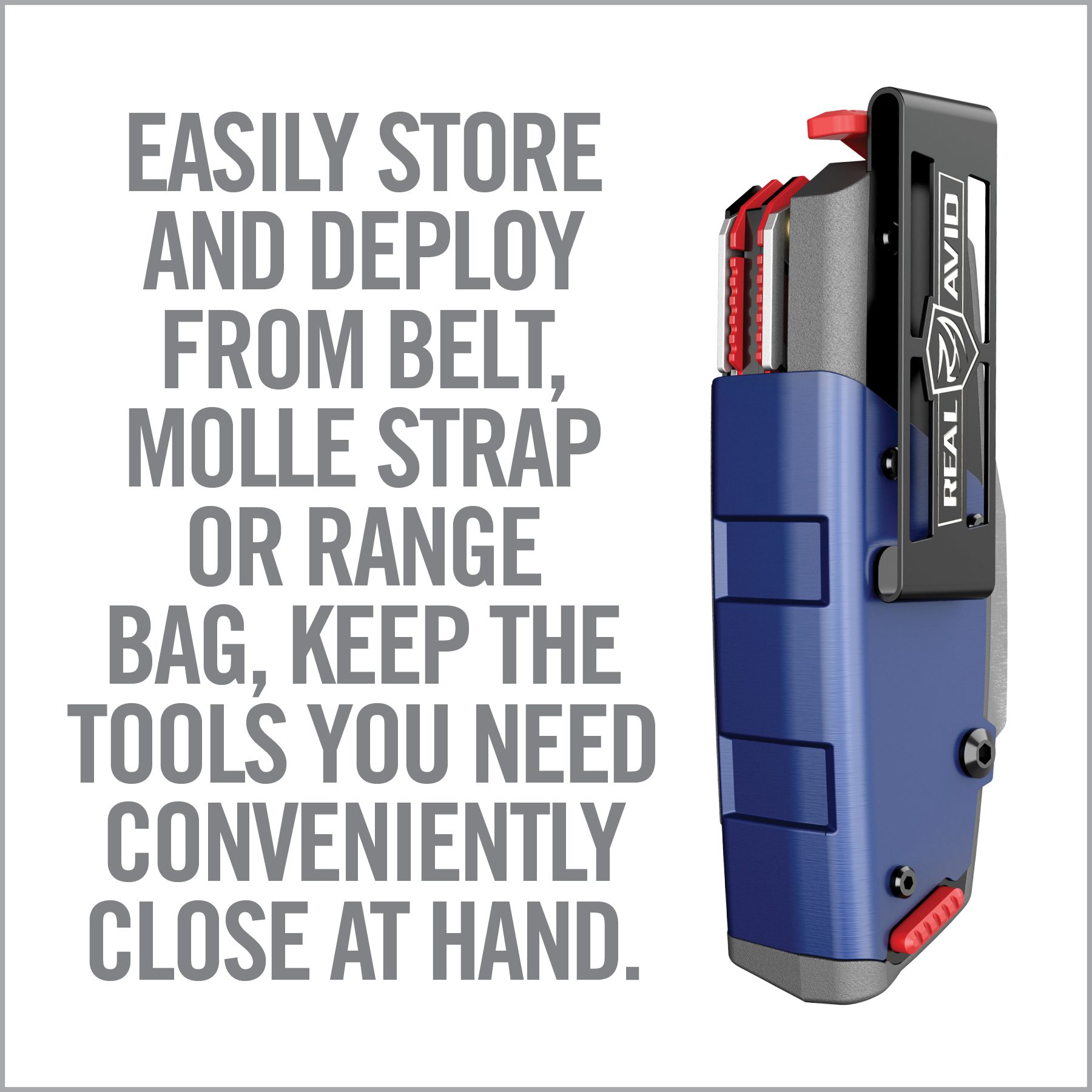 a blue and gray tool box with the words easy store and deploy from belt, molle strap or