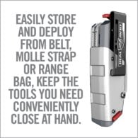 an advertisement for a tool store with the words, easily store and deploy from belt, molle strap