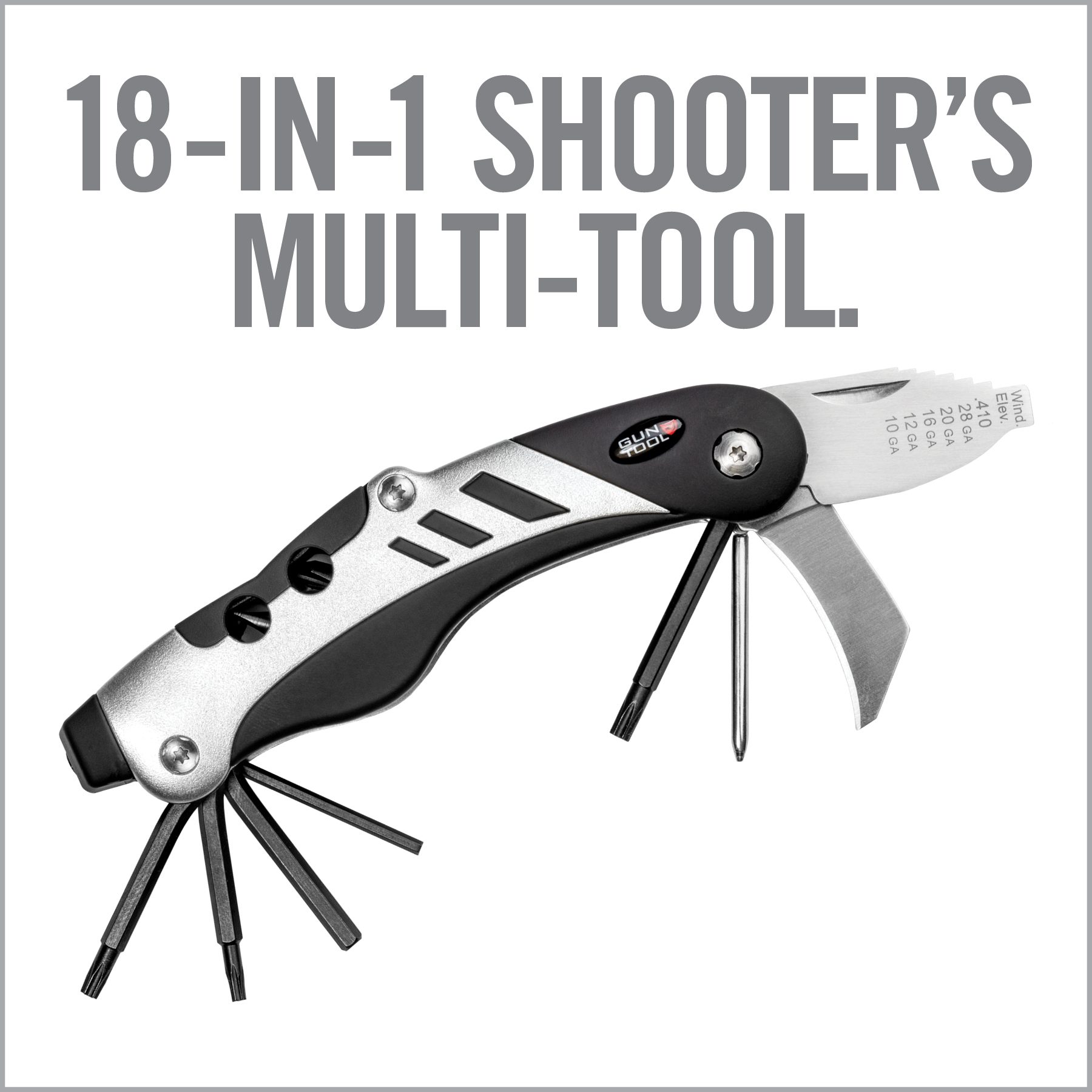 a multi - tool with the words 18 - in - 1 shooter's multi - tool