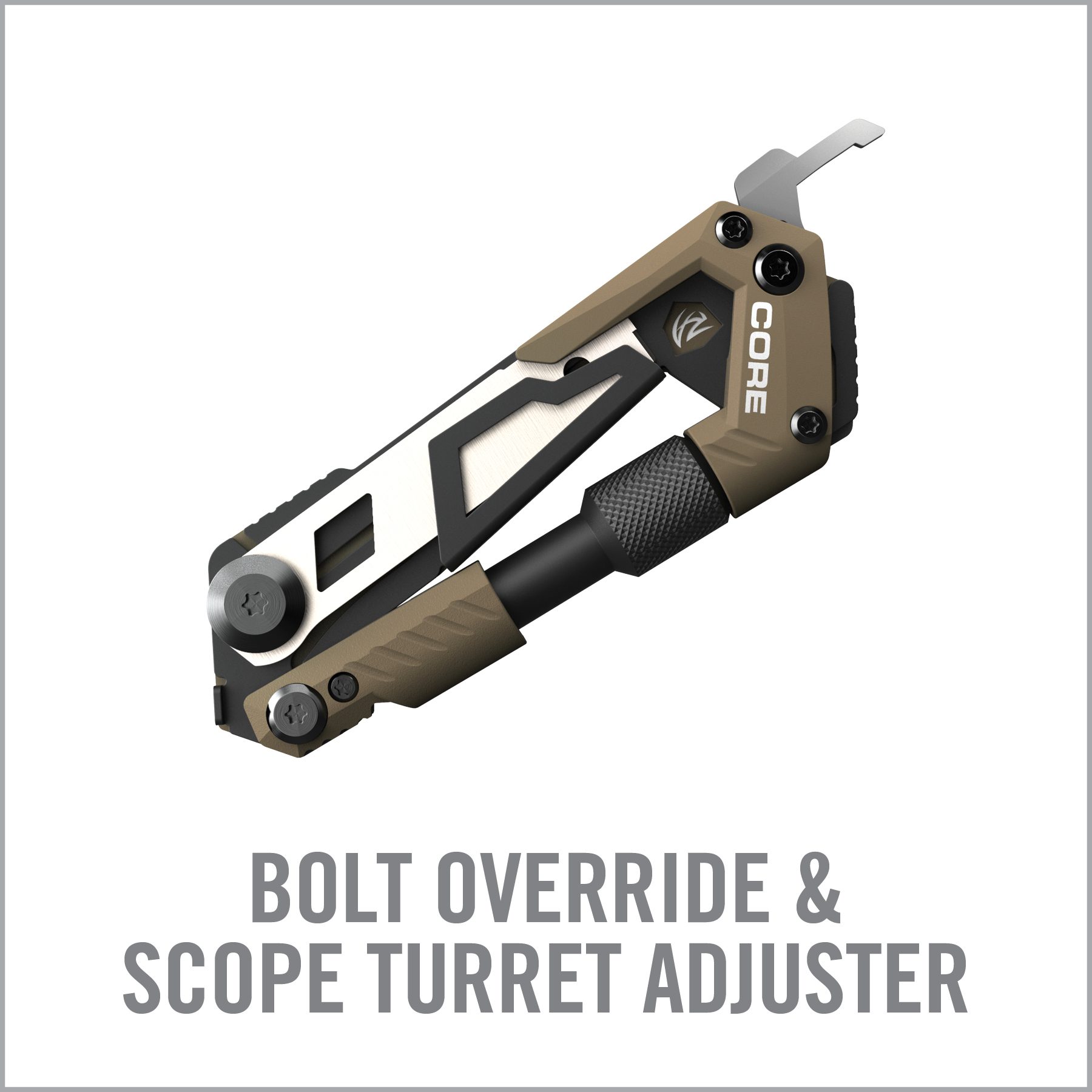 an image of a knife with the words bolt overridde and scope turret adjuster