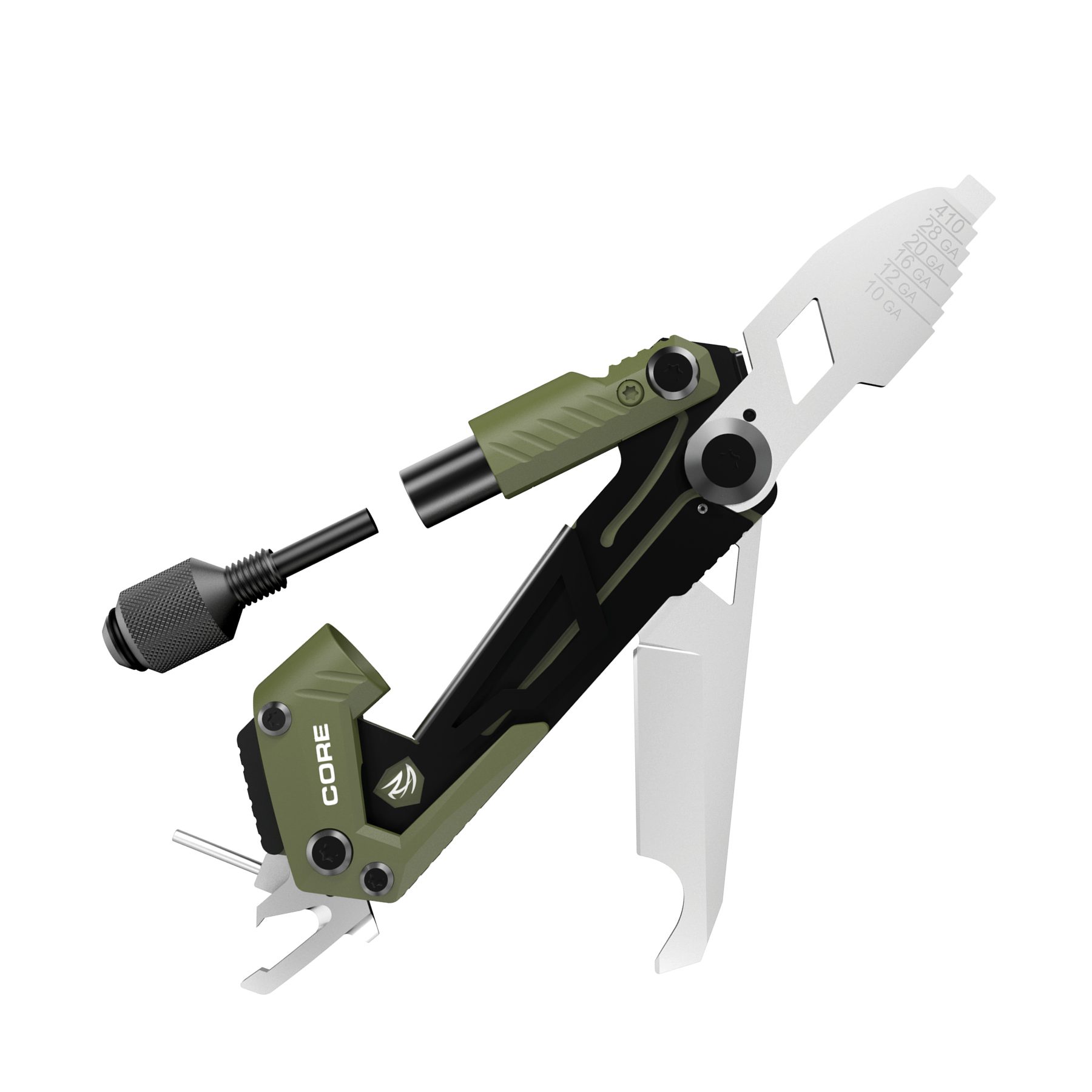 a green and black swiss army knife on a white background