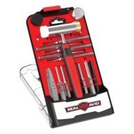 a tool set in a red case with tools inside