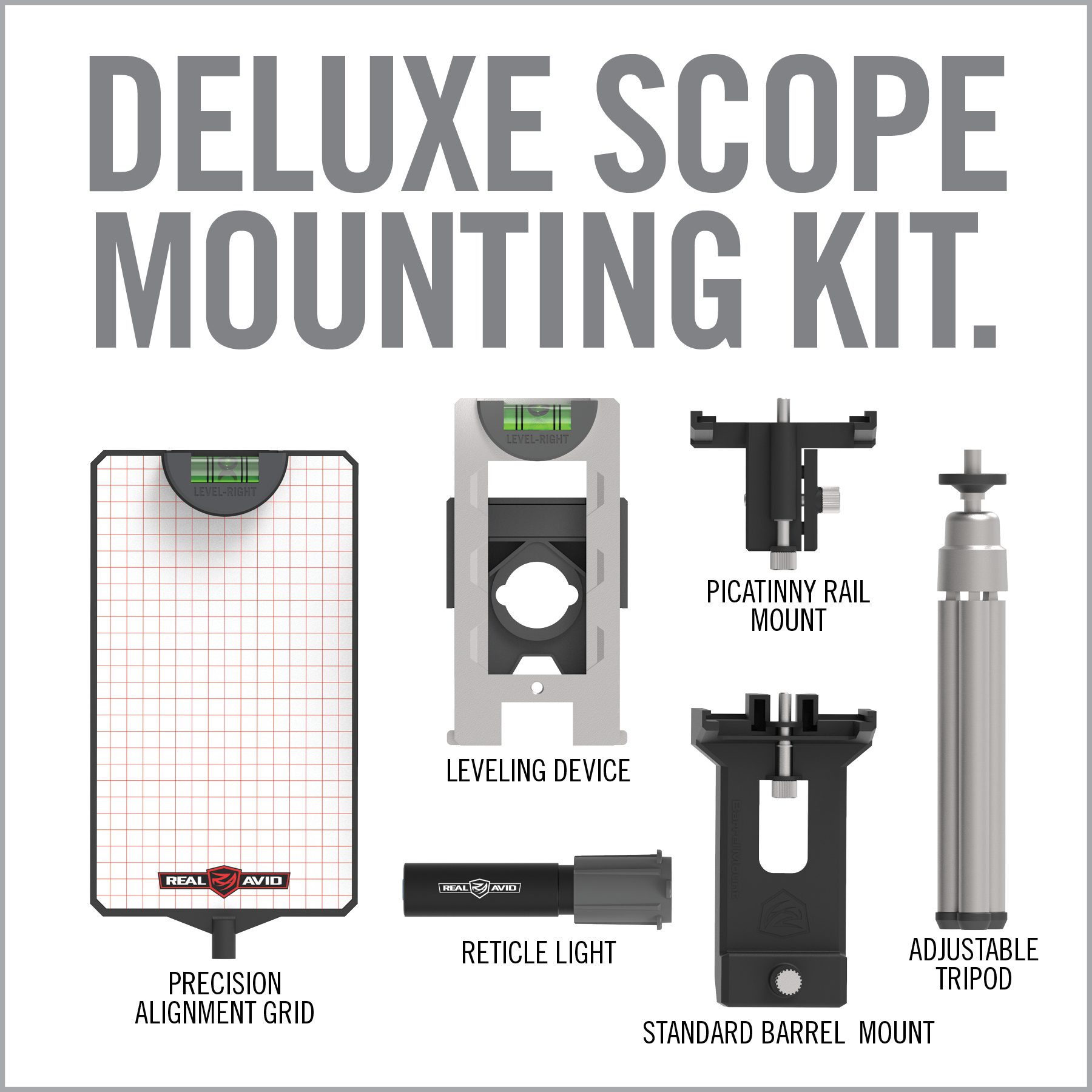 the deluxe scope mounting kit includes mountings, levers, and attachments