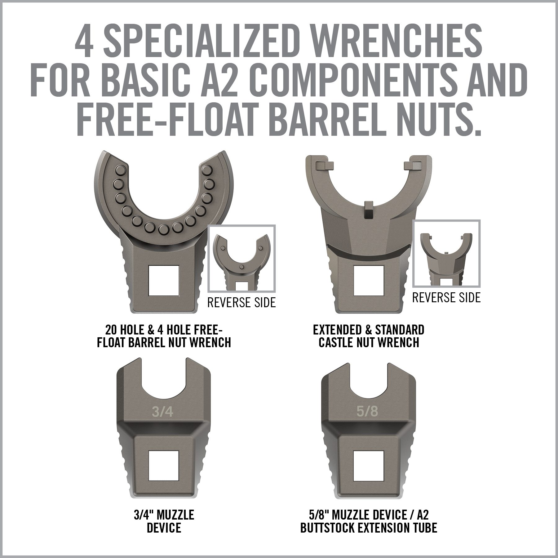 four different types of wrenches for basic a / c components and free - float barrel nuts