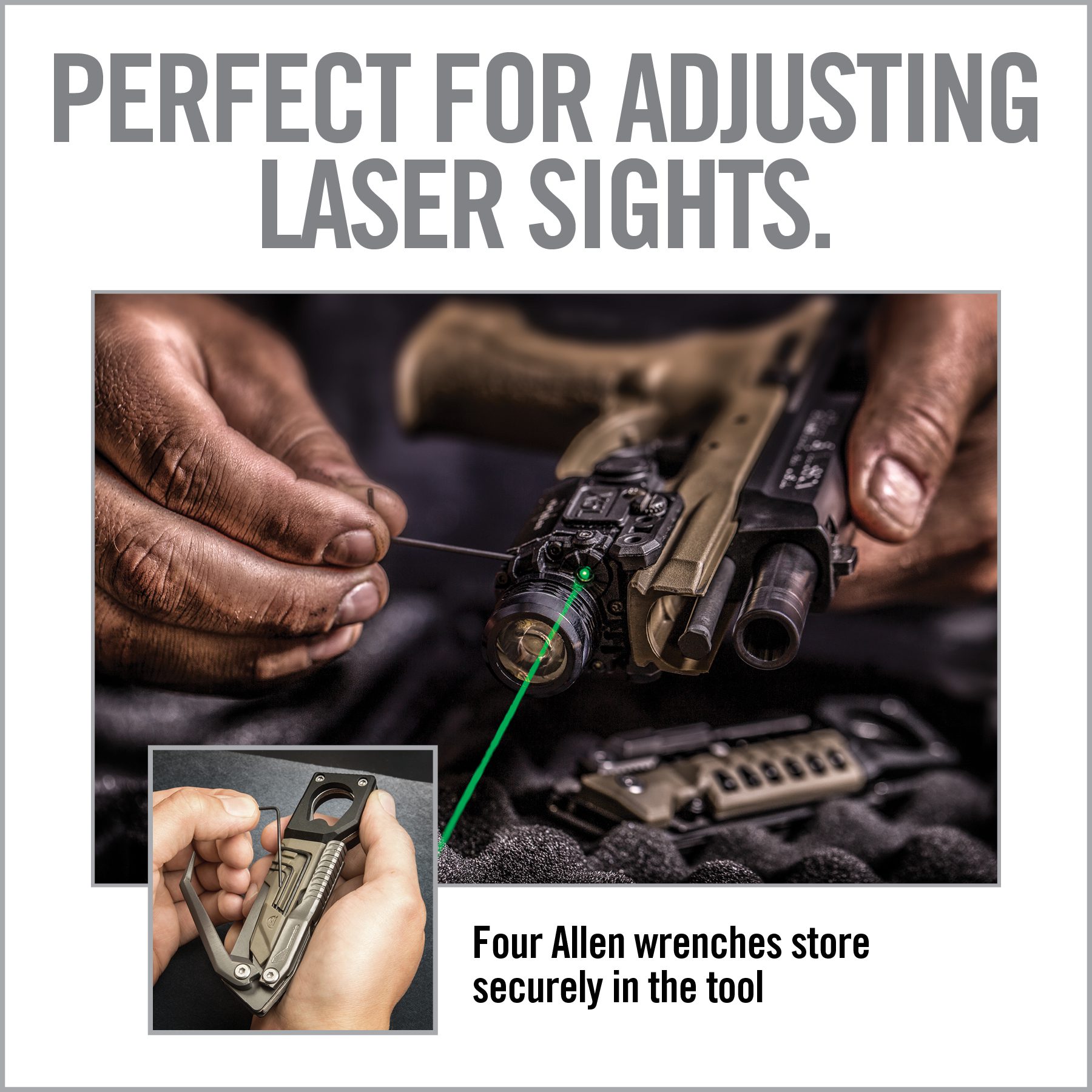 an advertisement for laser lights with two hands holding a gun