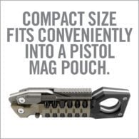 an advertisement for a gun with the words compact size fits conveniently into a pistol mag pouch