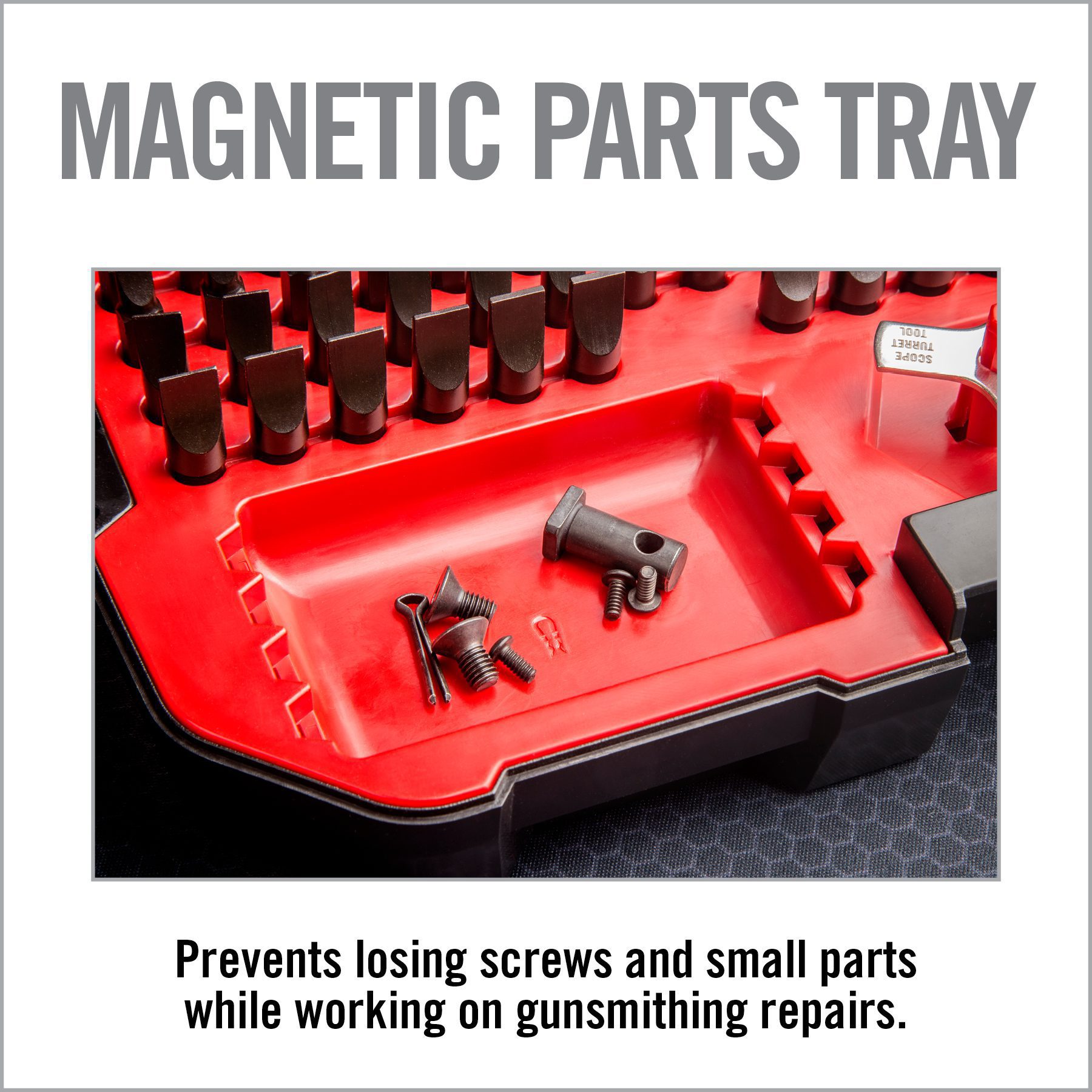 a red tray with screws and other tools in it