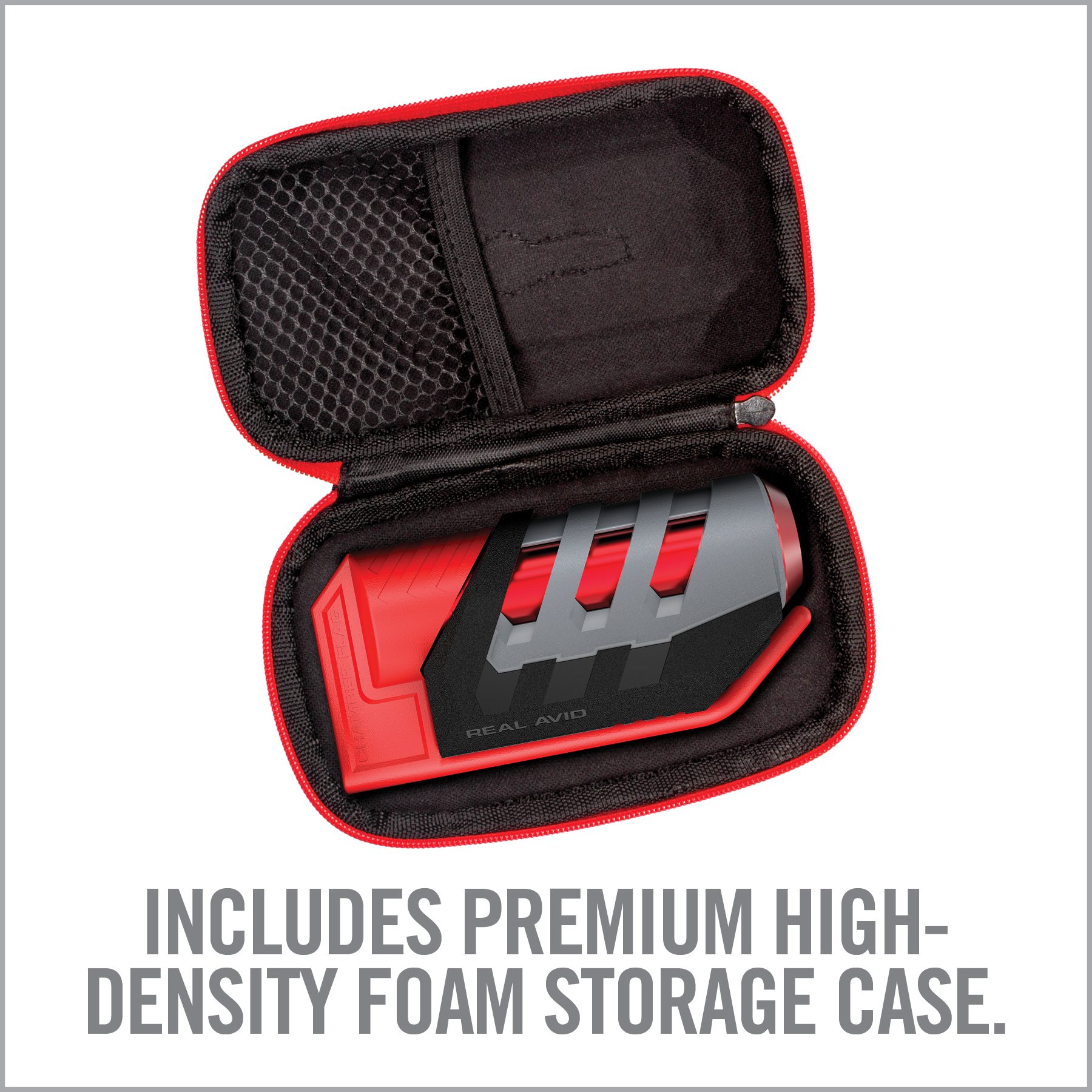 an open case with a red and black tool inside
