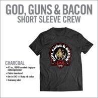 a black shirt with the words god guns and bacon on it