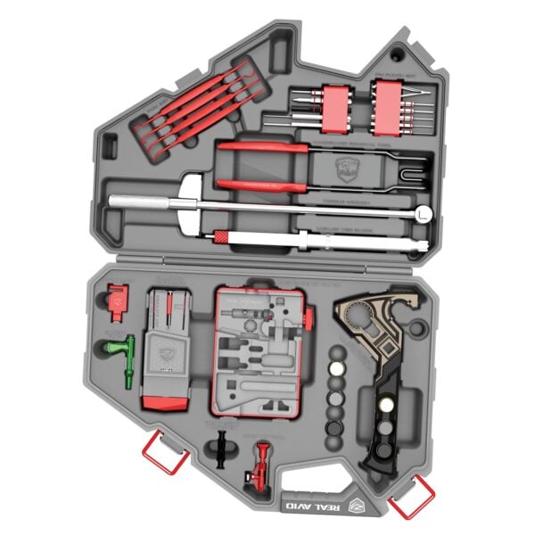 a tool kit with tools in it on a white background