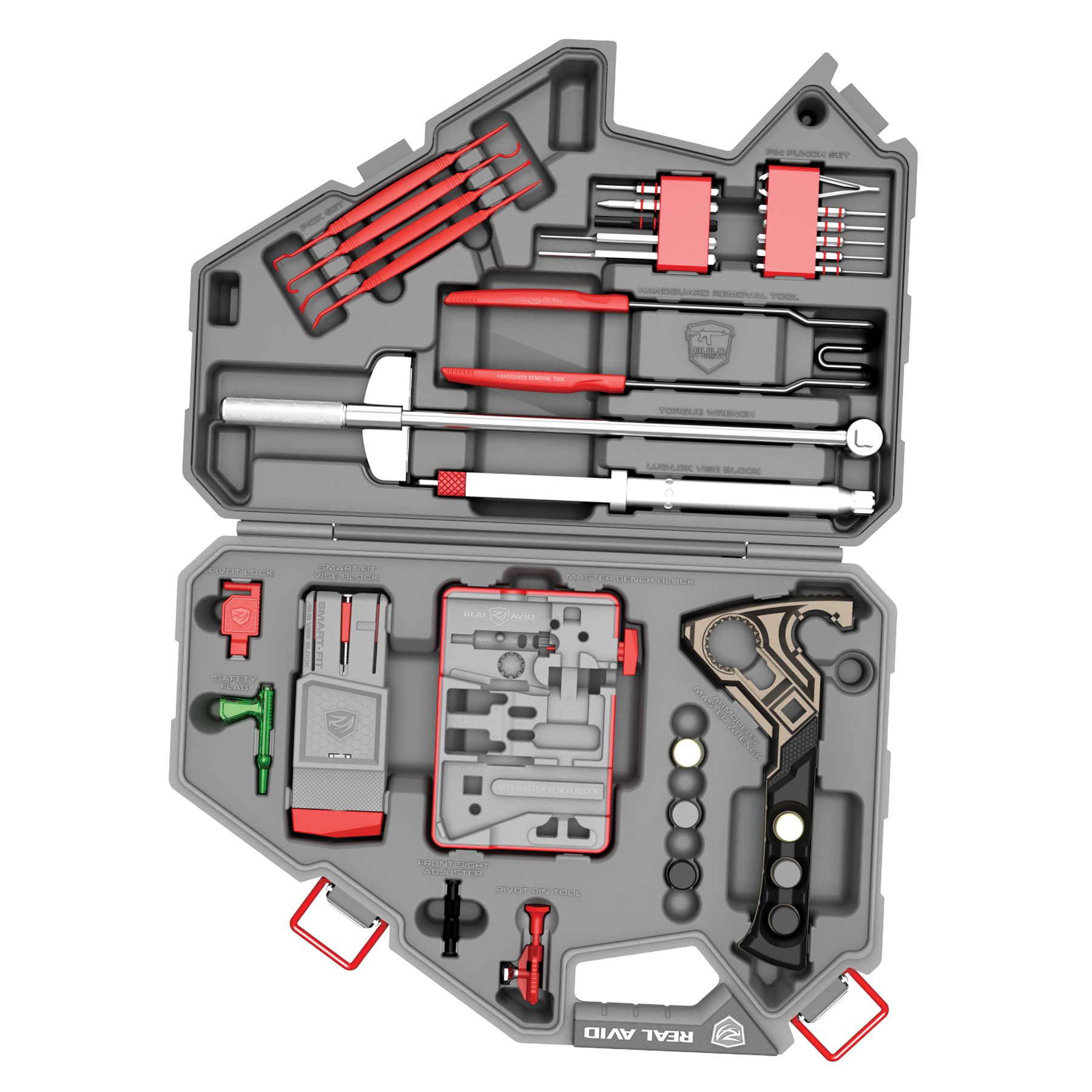 a tool kit with tools in it on a white background