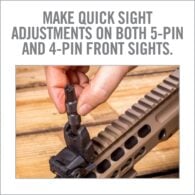 a hand holding a gun with the words make quick sight adjustments on both 5 - pin and 4 -