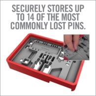 a red and gray box with the words security stores up to 14 of the most commonly lost pins