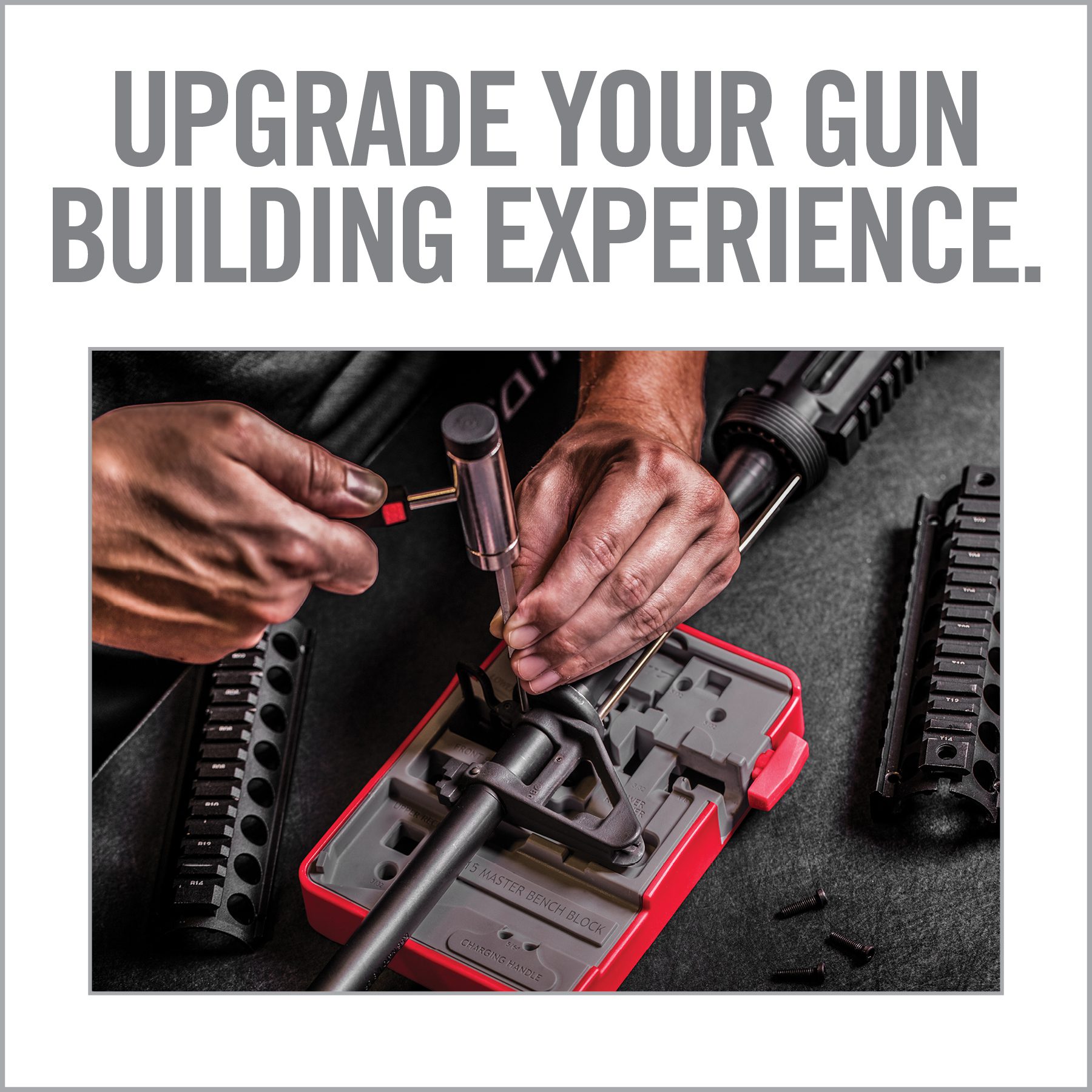 a man is working on a gun with the words upgrade your gun building experience