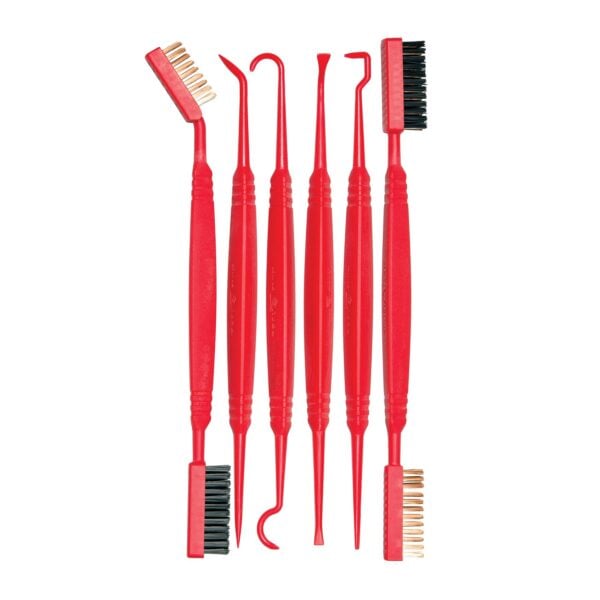 four red toothbrushes with black bristles on them
