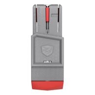 a red and gray device with a logo on it