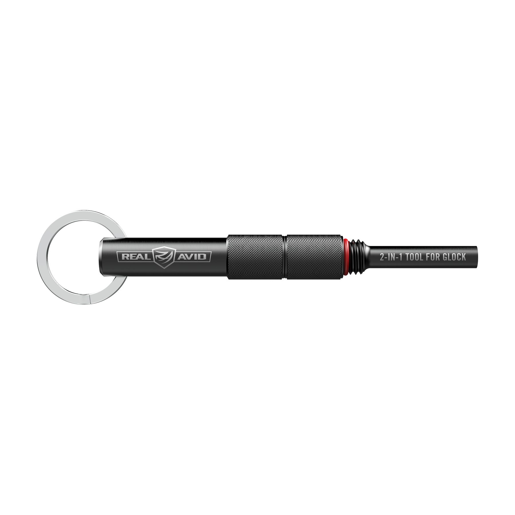 a black and red pen with a key ring