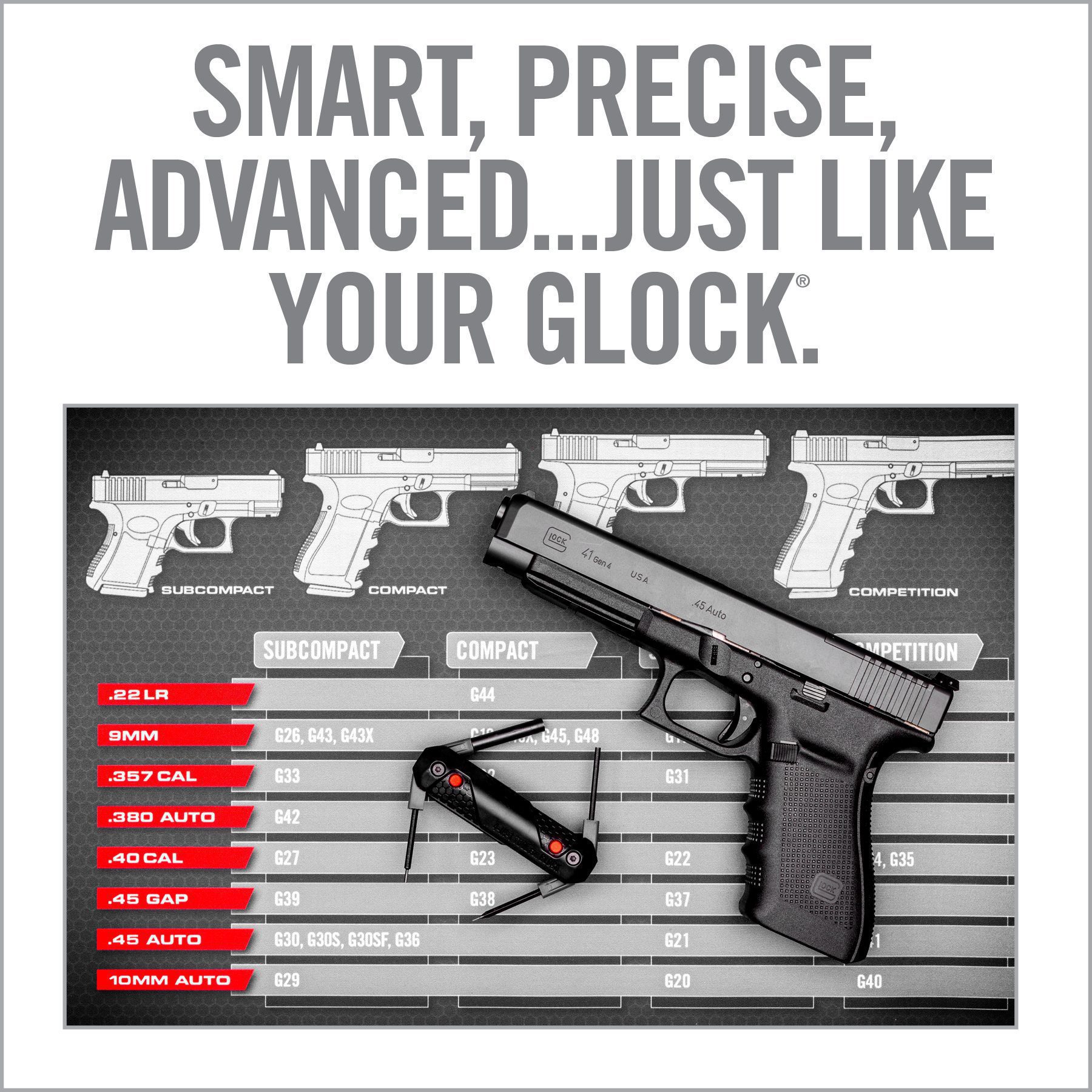 a gun with the words smart, presere advanced just like your glock