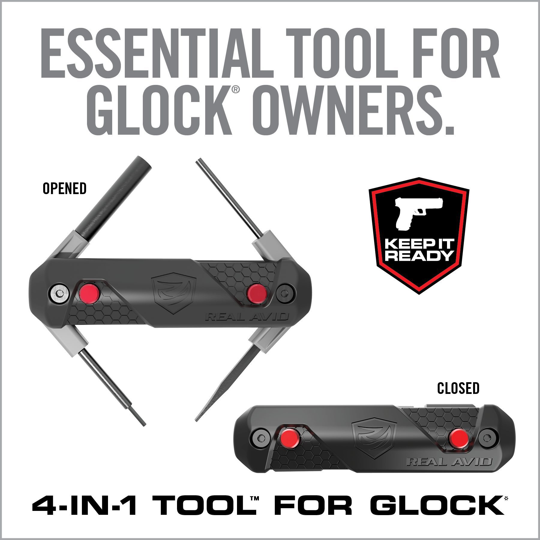 a knife with red lights on it and the words, essential tool for glock owners