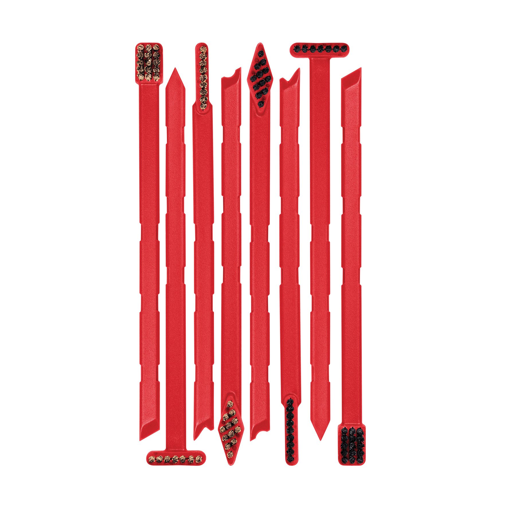 a group of red plastic tools on a white background