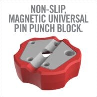 a red plastic punch block with the words non slip magnetic universal pin punch block