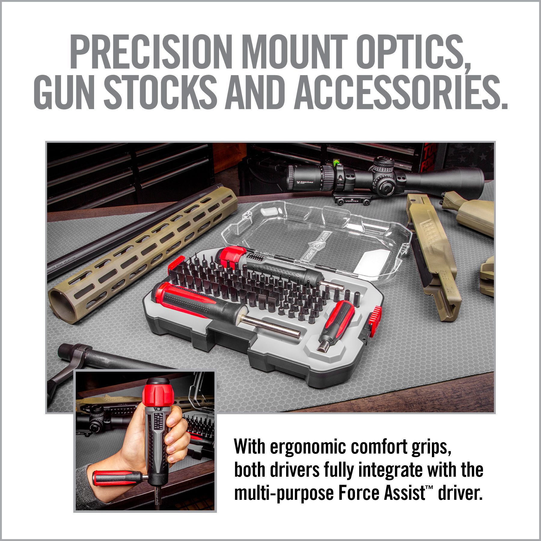 an advertisement for precision guns and accessories
