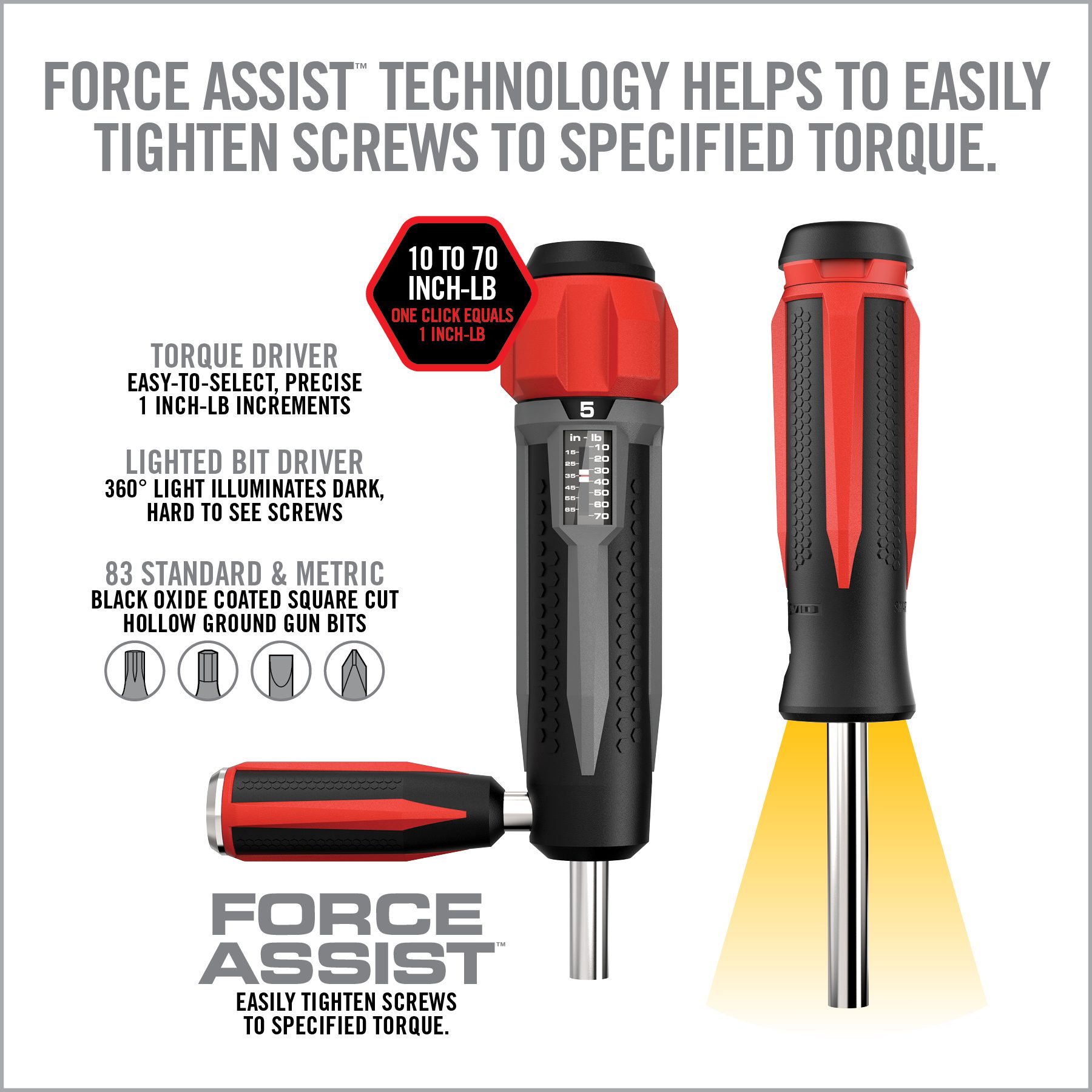 the force assist technology helps to easily tighten screws to specific tor
