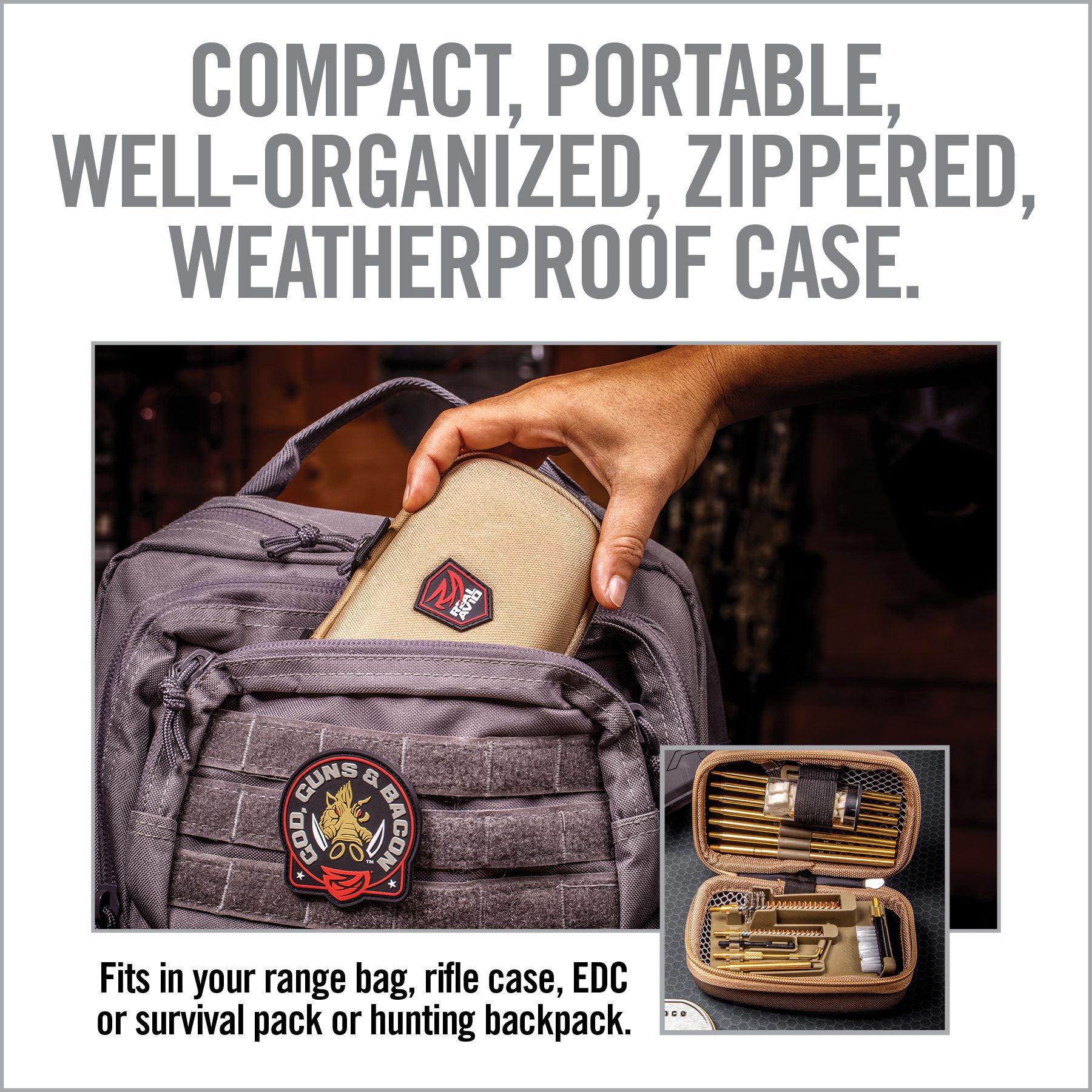 an advertisement for a backpack with the words, compact portable well organized, zippered, weatherproof case