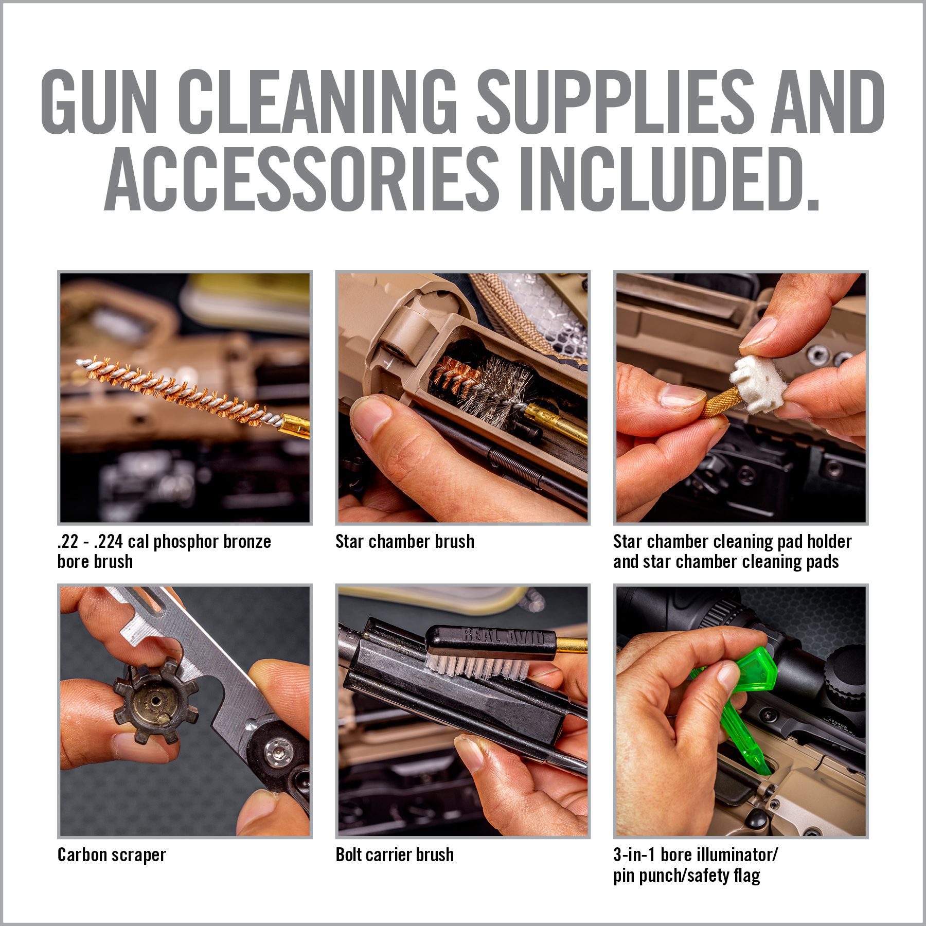 the instructions for gun cleaning supplies and accessories included